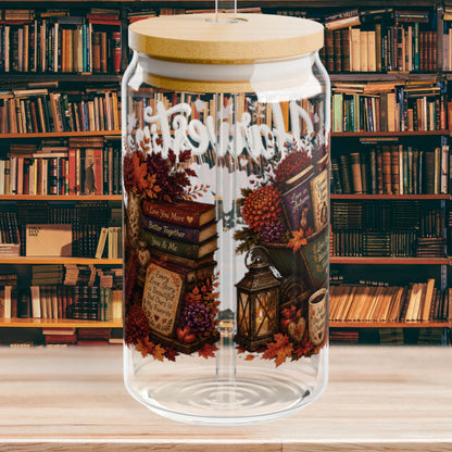 Harvesting Happy Endings Glass Cup Wrap | Fall Romance Reader 16 oz Libby Cup | Cozy Autumn Book Lover Glass Can Design