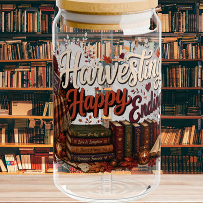 Harvesting Happy Endings Glass Cup Wrap | Fall Romance Reader 16 oz Libby Cup | Cozy Autumn Book Lover Glass Can Design