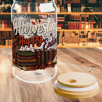 Harvesting Happy Endings Glass Cup Wrap | Fall Romance Reader 16 oz Libby Cup | Cozy Autumn Book Lover Glass Can Design