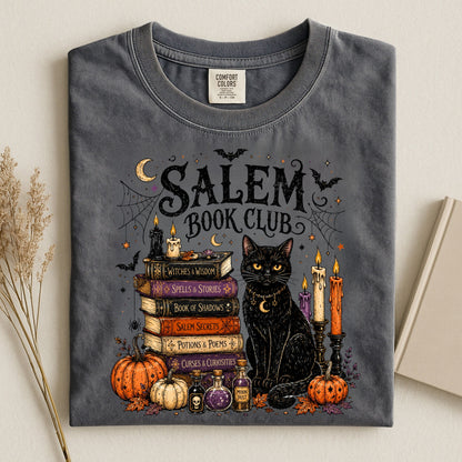 Salem Book Club Shirt, Halloween Book Lover Tee, Witchy Black Cat Book Club Shirt, Spooky Season Reader T-Shirt