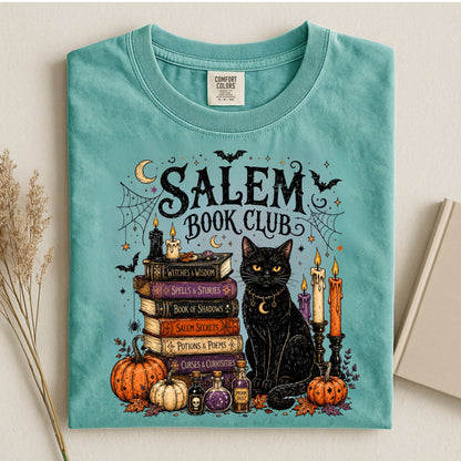 Salem Book Club Shirt, Halloween Book Lover Tee, Witchy Black Cat Book Club Shirt, Spooky Season Reader T-Shirt