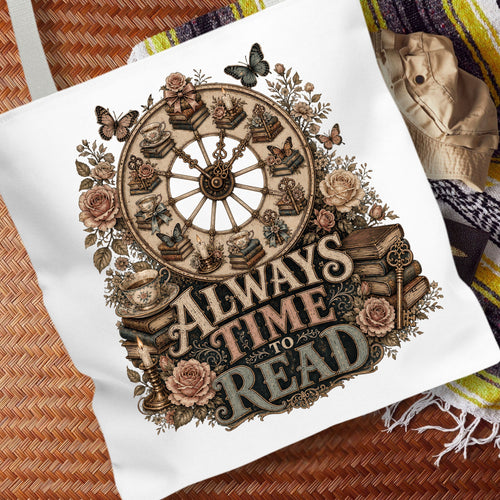 Always Time to Read Tote Bag, Vintage Book Lover Bag, Romance Reader Tote, Cozy BookTok Library Tote, Literary Gift for Readers