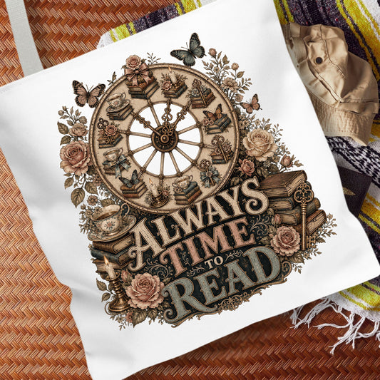 Always Time to Read Tote Bag, Vintage Book Lover Bag, Romance Reader Tote, Cozy BookTok Library Tote, Literary Gift for Readers