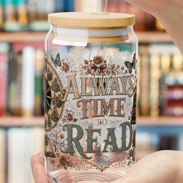 **Pinterest Pin Description:**

Fuel your next reading session with your favorite iced coffee in the **Always Time to Read** personalized glass cup! 📚☕ Featuring vintage books, a timeless clock, roses, teacups, candles, butterflies, and elegant literary details, this 16 oz glass is perfect for romance readers, BookTok fans, library lovers, and cozy coffee mornings. Customize it with your name for a thoughtful gift that's perfect for birthdays, holidays, teacher appreciation, book clubs, or anyone who belie