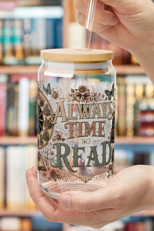 **Pinterest Pin Description:**

Fuel your next reading session with your favorite iced coffee in the **Always Time to Read** personalized glass cup! 📚☕ Featuring vintage books, a timeless clock, roses, teacups, candles, butterflies, and elegant literary details, this 16 oz glass is perfect for romance readers, BookTok fans, library lovers, and cozy coffee mornings. Customize it with your name for a thoughtful gift that's perfect for birthdays, holidays, teacher appreciation, book clubs, or anyone who belie