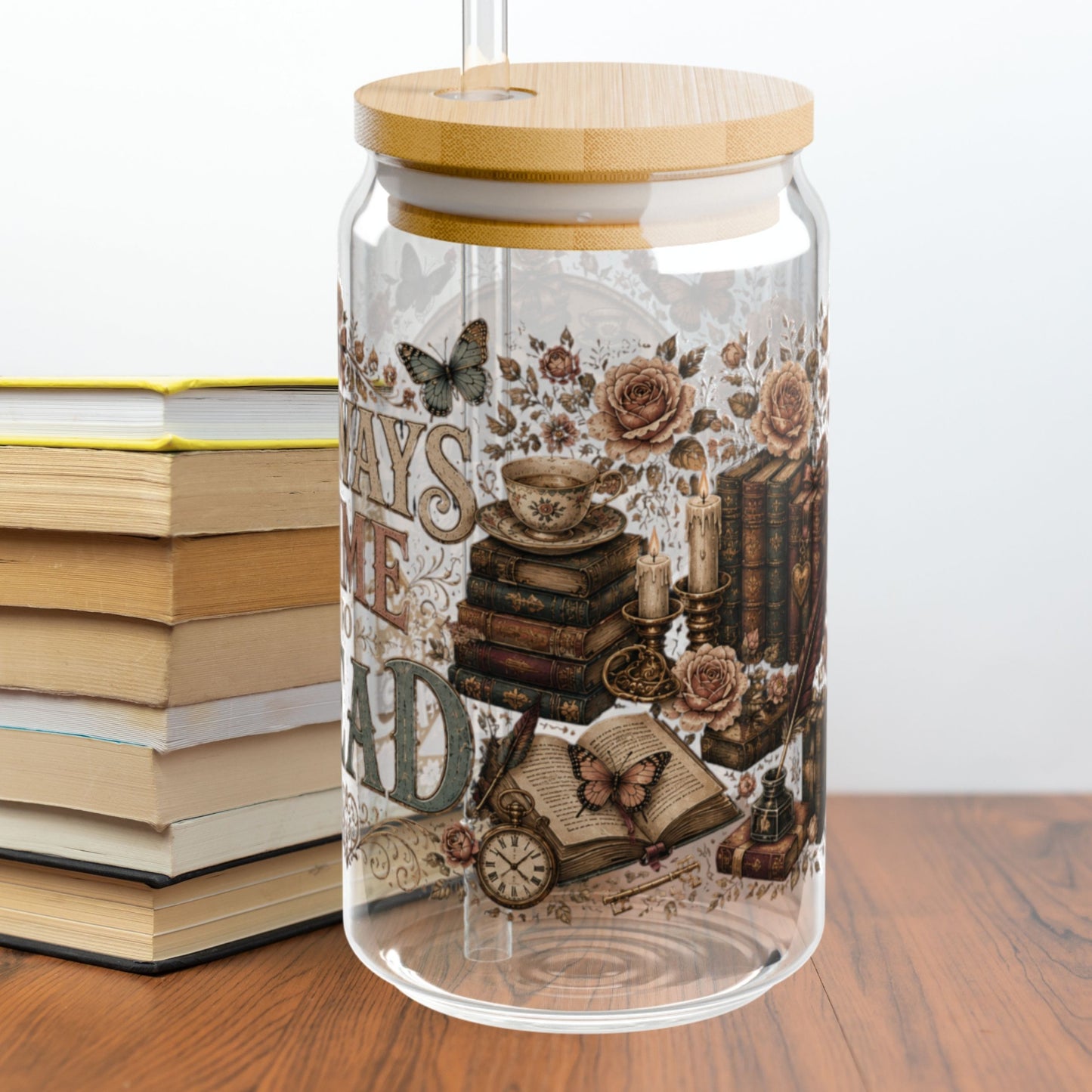 Always Time to Read Glass Cup, Personalized Book Lover Glass Can, Romance Reader Iced Coffee Cup, BookTok Gift, Literary Libbey Style Glass