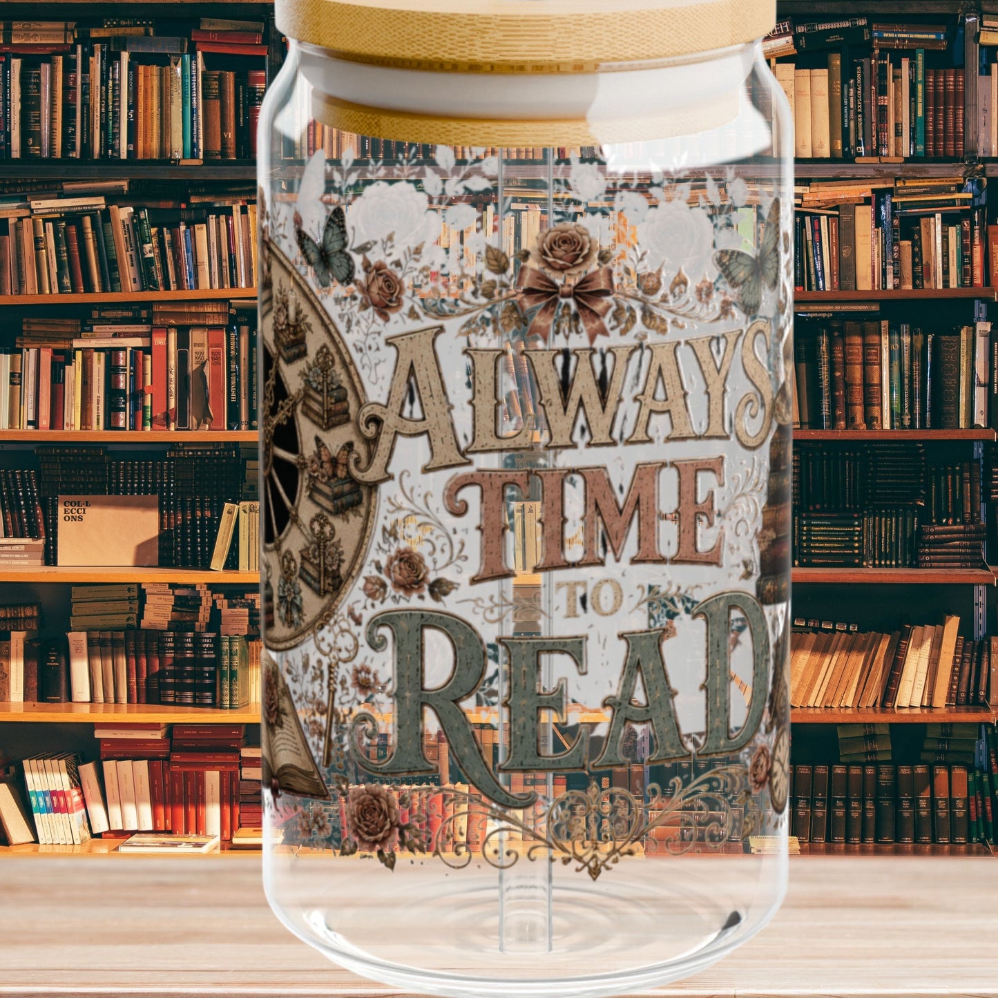Always Time to Read Glass Cup, Personalized Book Lover Glass Can, Romance Reader Iced Coffee Cup, BookTok Gift, Literary Libbey Style Glass