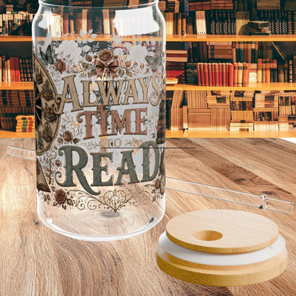 Always Time to Read Glass Cup, Personalized Book Lover Glass Can, Romance Reader Iced Coffee Cup, BookTok Gift, Literary Libbey Style Glass