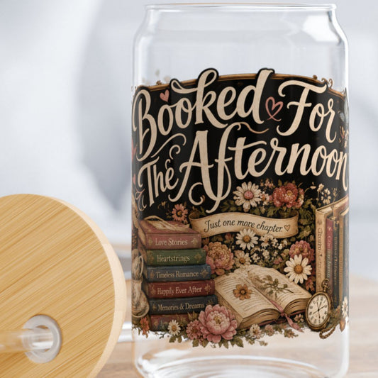 Booked for the Afternoon Glass Cup, Personalized Book Lover Glass Can, Romance Reader Iced Coffee Cup, BookTok Gift, Cottagecore Drinkware