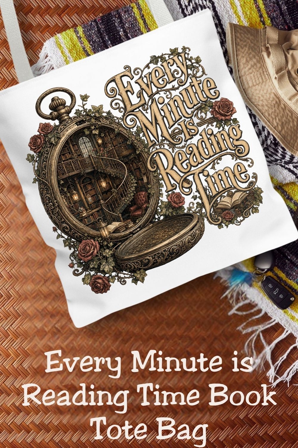 Carry your next adventure wherever you go. 📚🖤 The Every Minute Is Reading Time tote bag is designed for readers who never leave home without a book. Featuring a stunning pocket watch transformed into a magical hidden library with antique roses, ivy, glowing lanterns, and endless bookshelves, this dark academia tote is perfect for library trips, bookstore hauls, book clubs, coffee shop reading sessions, and everyday errands. A thoughtful gift for BookTok fans, fantasy readers, romance lovers, librarians, a