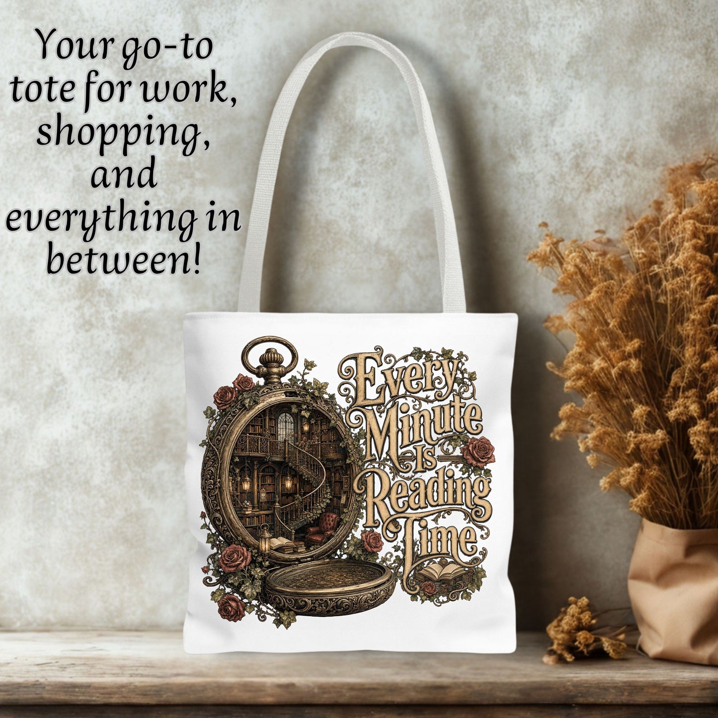 Every Minute Is Reading Time Tote Bag, Book Lover Tote, Dark Academia Book Bag, Gothic Reader Tote, BookTok Literary Gift