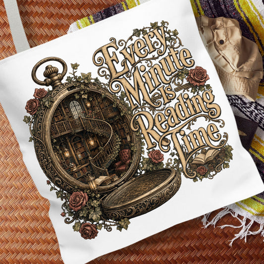 Every Minute Is Reading Time Tote Bag, Book Lover Tote, Dark Academia Book Bag, Gothic Reader Tote, BookTok Literary Gift