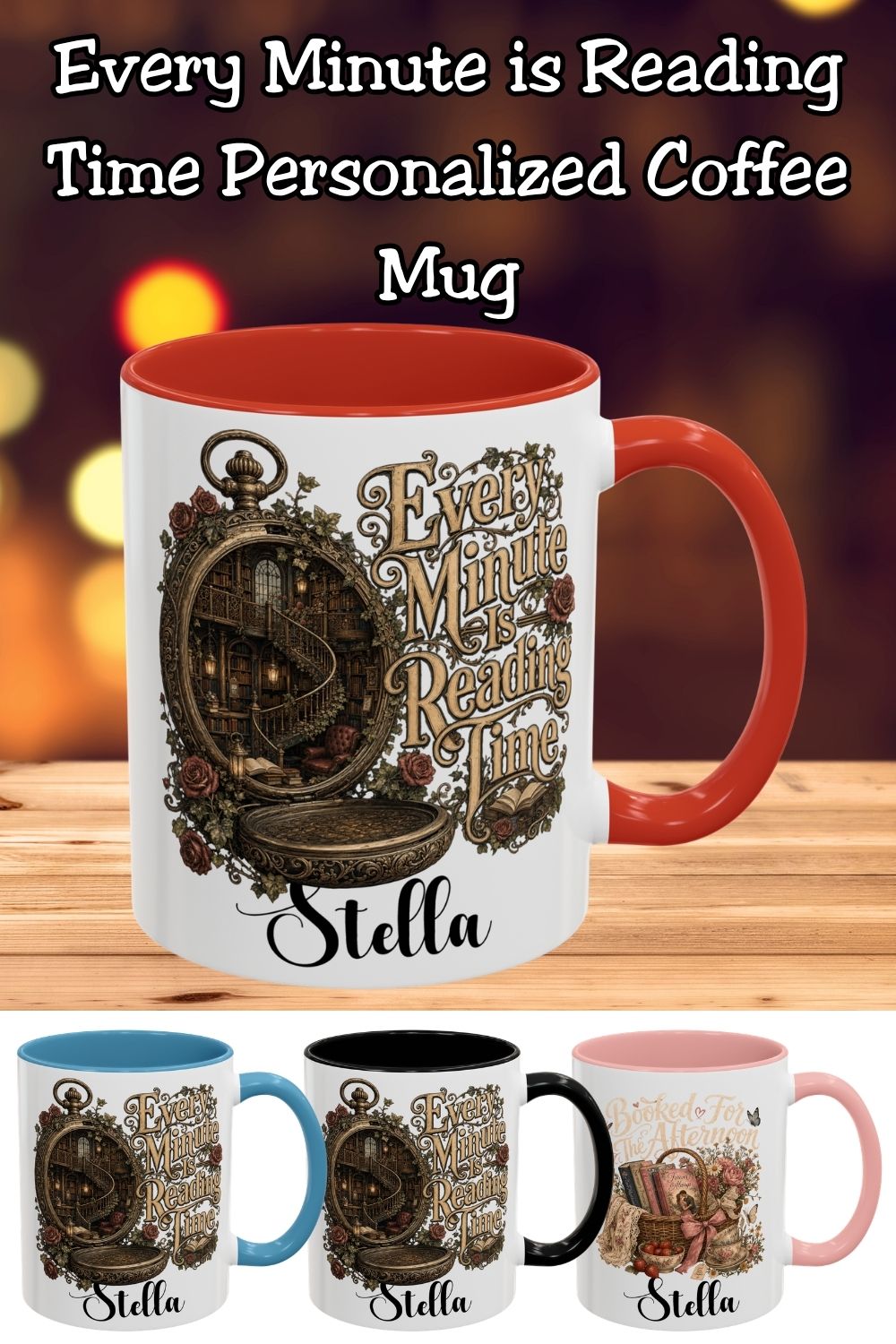 For readers, every minute is reading time. 📚🕰️ The Every Minute Is Reading Time personalized mug is perfect for romance readers, fantasy lovers, BookTok fans, and dark academia enthusiasts. Featuring a magical pocket watch that opens into a hidden library filled with towering bookshelves, winding staircases, glowing lanterns, antique roses, and ivy, this custom mug is made for cozy mornings, afternoon reading sessions, and late-night chapters. Personalize it with your name for a thoughtful gift that's per