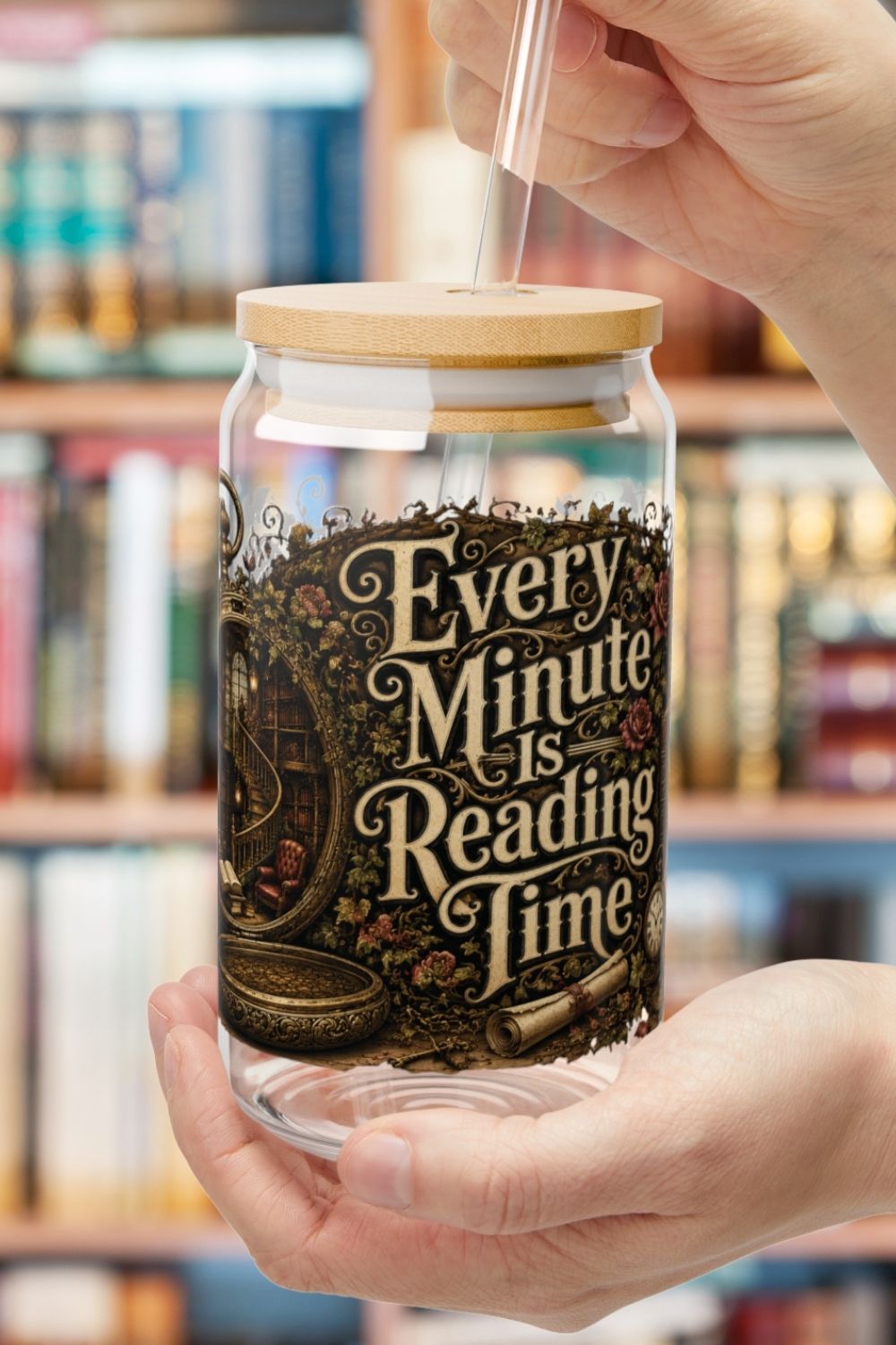 Every minute is reading time. 📚🕰️ The Every Minute Is Reading Time personalized glass cup is perfect for romance readers, fantasy lovers, BookTok fans, and dark academia enthusiasts. Featuring a magical pocket watch that opens into a hidden library surrounded by antique books, glowing lanterns, ivy, roses, and vintage literary details, this 16 oz glass is perfect for iced coffee, tea, cold brew, or your favorite drink while getting lost in a great story. Personalize it with your name for a thoughtful gift