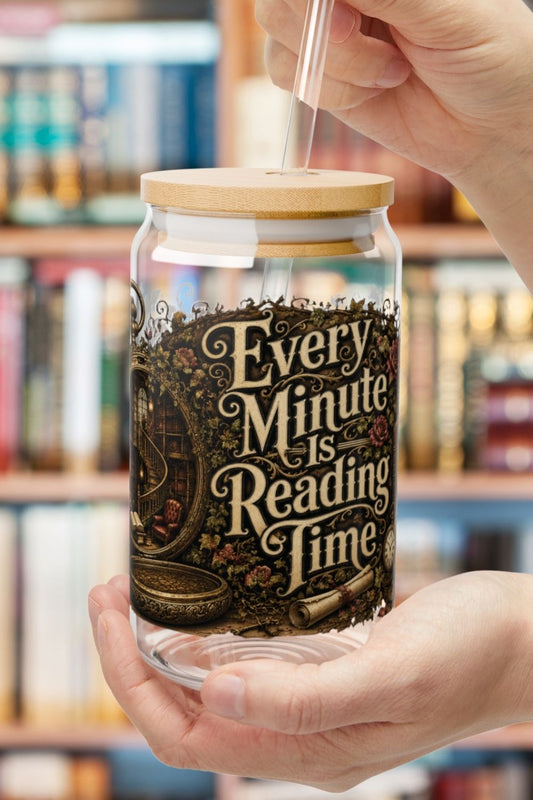 Every minute is reading time. 📚🕰️ The Every Minute Is Reading Time personalized glass cup is perfect for romance readers, fantasy lovers, BookTok fans, and dark academia enthusiasts. Featuring a magical pocket watch that opens into a hidden library surrounded by antique books, glowing lanterns, ivy, roses, and vintage literary details, this 16 oz glass is perfect for iced coffee, tea, cold brew, or your favorite drink while getting lost in a great story. Personalize it with your name for a thoughtful gift