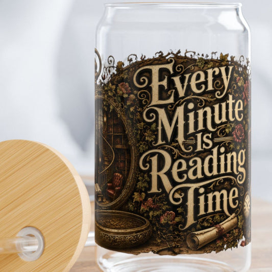 Every Minute Is Reading Time Glass Cup, Personalized Book Lover Glass Can, Dark Academia Iced Coffee Cup, Gothic BookTok Gift