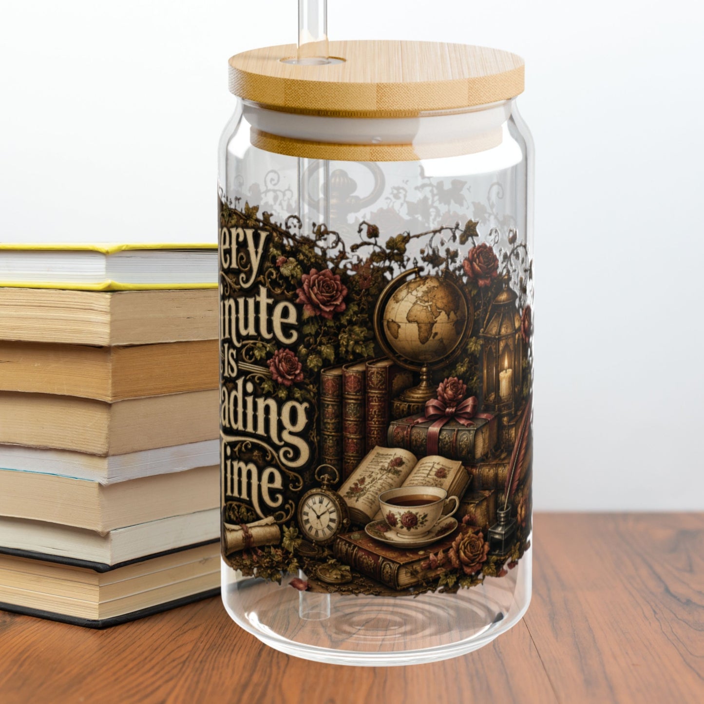 Every Minute Is Reading Time Glass Cup, Personalized Book Lover Glass Can, Dark Academia Iced Coffee Cup, Gothic BookTok Gift