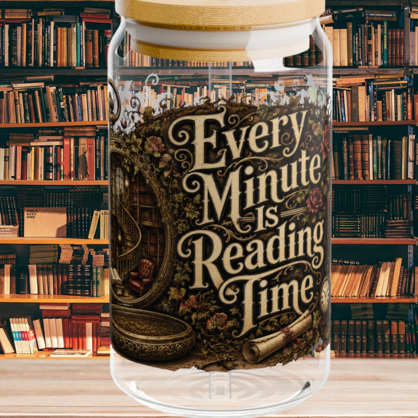 Every Minute Is Reading Time Glass Cup, Personalized Book Lover Glass Can, Dark Academia Iced Coffee Cup, Gothic BookTok Gift
