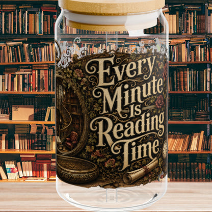 Every Minute Is Reading Time Glass Cup, Personalized Book Lover Glass Can, Dark Academia Iced Coffee Cup, Gothic BookTok Gift