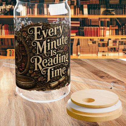 Every Minute Is Reading Time Glass Cup, Personalized Book Lover Glass Can, Dark Academia Iced Coffee Cup, Gothic BookTok Gift