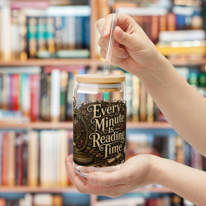 Every Minute Is Reading Time Glass Cup, Personalized Book Lover Glass Can, Dark Academia Iced Coffee Cup, Gothic BookTok Gift