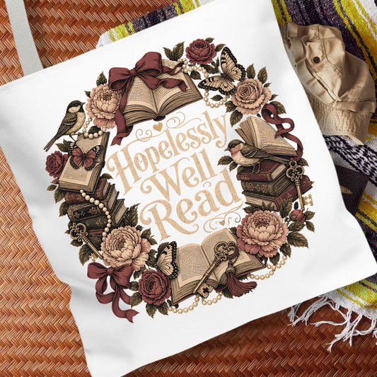 Hopelessly Well Read Tote Bag, Book Lover Tote, Romance Reader Book Bag, BookTok Tote, Cottagecore Library Bag, Literary Gift