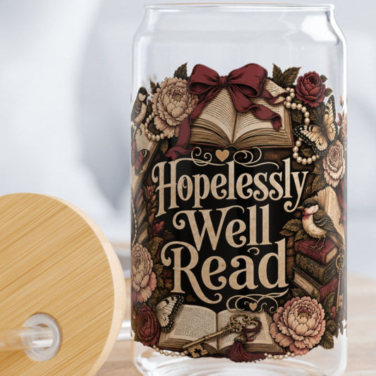 Hopelessly Well Read Glass Cup, Personalized Book Lover Glass Can, Romance Reader Iced Coffee Cup, BookTok Gift, Cottagecore Glass Tumbler