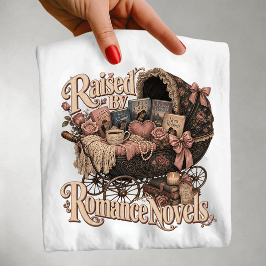 Raised by Romance Novels Shirt, Vintage Book Lover Tee, BookTok Romance Reader Graphic T-Shirt, Literary Gift for Readers