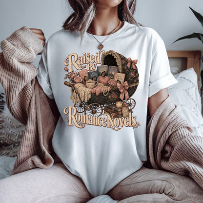 Raised by Romance Novels Shirt, Vintage Book Lover Tee, BookTok Romance Reader Graphic T-Shirt, Literary Gift for Readers
