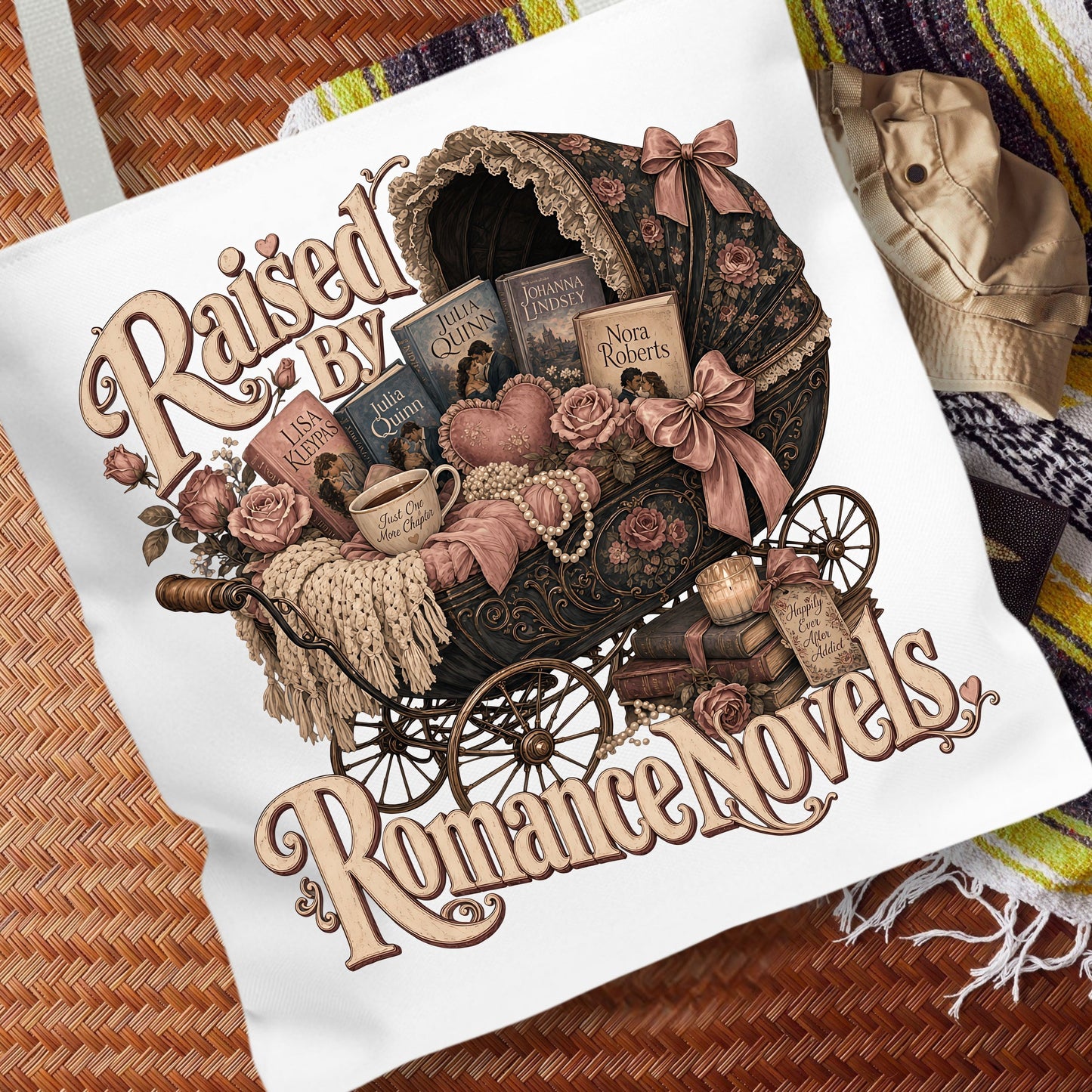 Raised by Romance Novels Tote Bag, Vintage Book Lover Bag, BookTok Reader Tote, Literary Gift for Romance Readers
