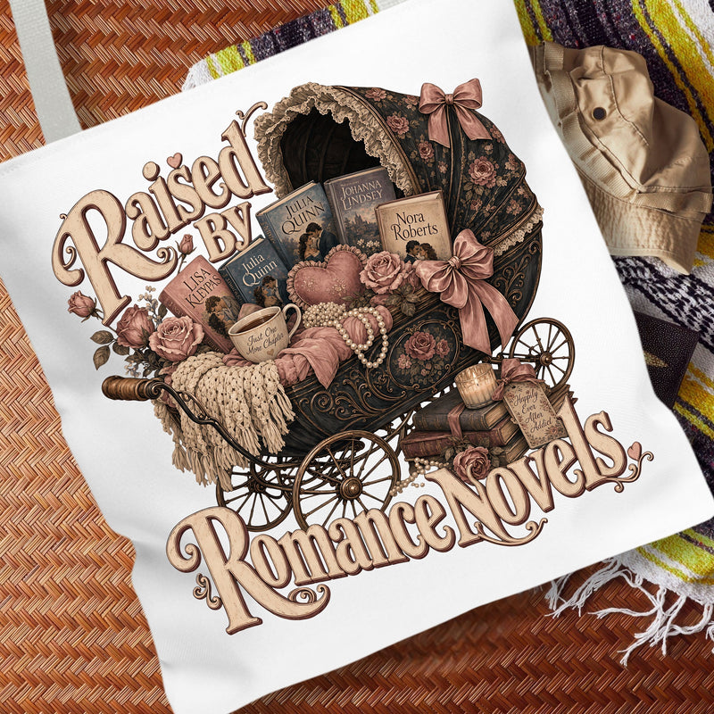Raised by Romance Novels Tote Bag, Vintage Book Lover Bag, BookTok Reader Tote, Literary Gift for Romance Readers