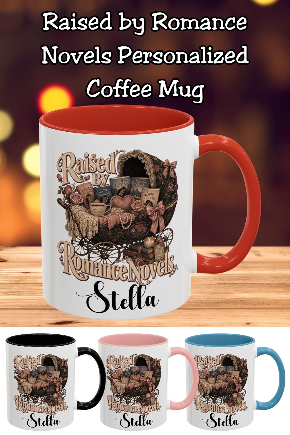 Every romance reader deserves a mug as cozy as their favorite happily ever after. ☕📖 The Raised by Romance Novels personalized mug features an elegant vintage design with classic romance books, roses, pearls, bows, and a charming baby carriage. Personalized just for you, it's the perfect companion for coffee, tea, and late-night reading sessions. A thoughtful gift for BookTok fans, romance readers, librarians, and book lovers.

#RaisedByRomanceNovels #PersonalizedMug #BookLoverGift #RomanceReader #BookTokM