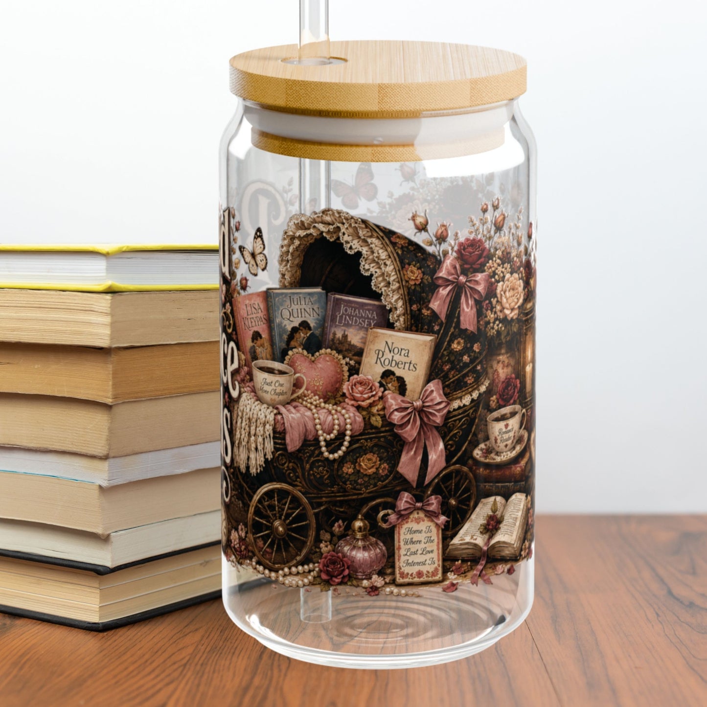 Raised by Romance Novels Personalized Glass Cup, Book Lover Iced Coffee Cup, BookTok Romance Reader Gift , 16 oz Libbey Glass Can