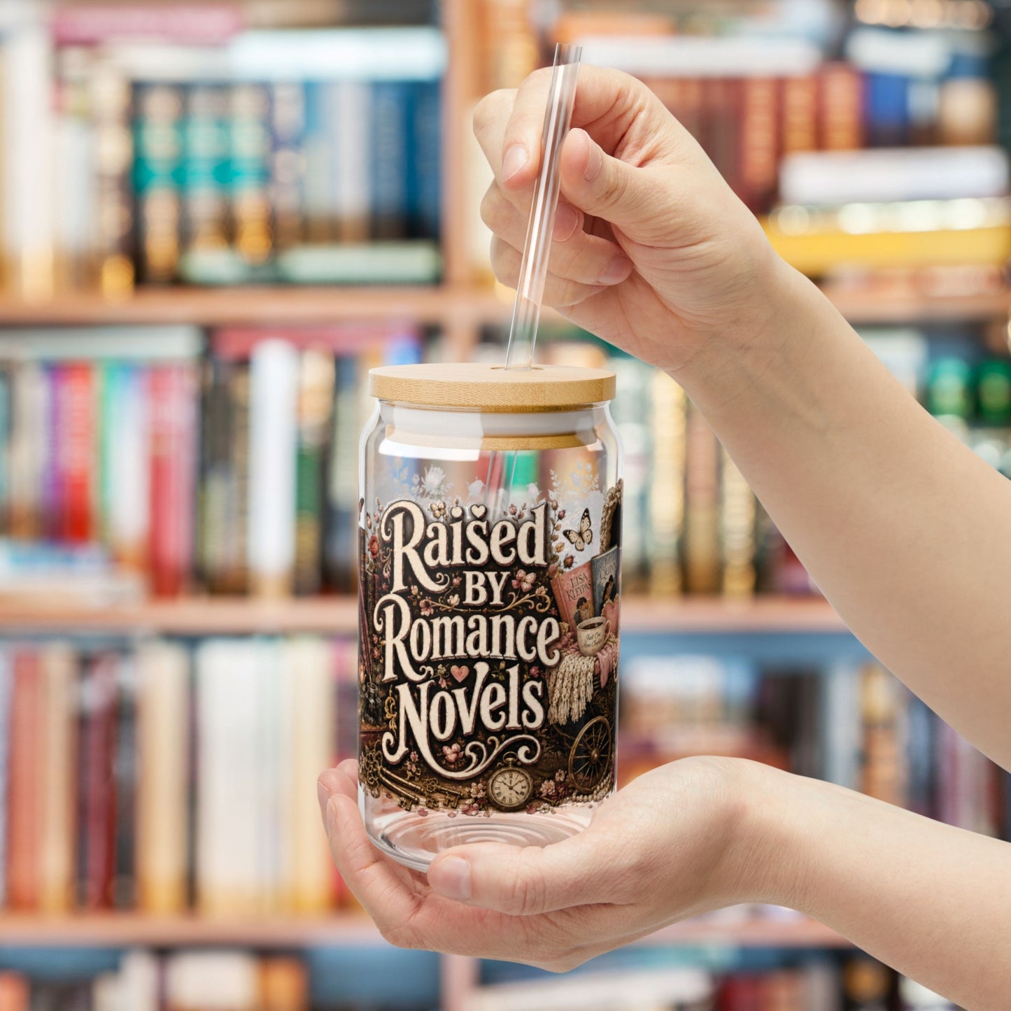 Raised by Romance Novels Personalized Glass Cup, Book Lover Iced Coffee Cup, BookTok Romance Reader Gift , 16 oz Libbey Glass Can