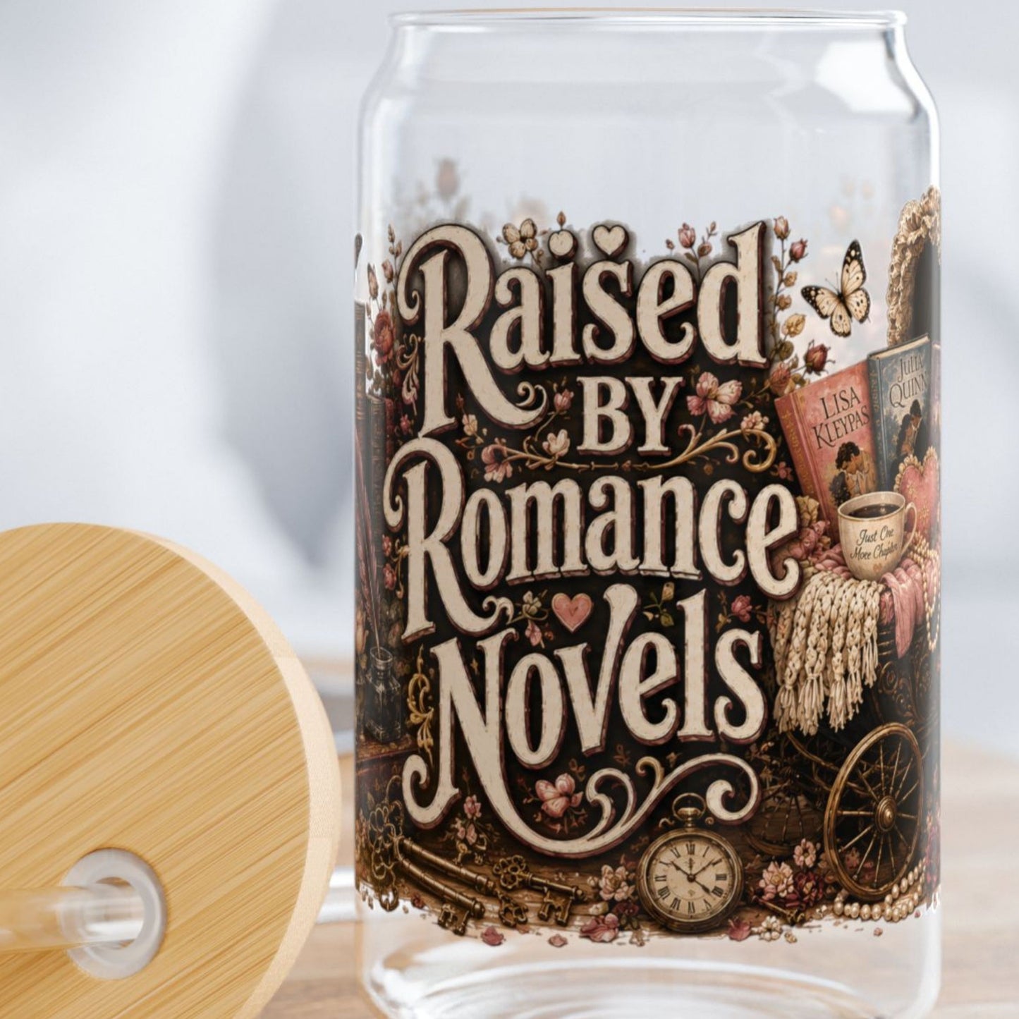 Raised by Romance Novels Personalized Glass Cup, Book Lover Iced Coffee Cup, BookTok Romance Reader Gift , 16 oz Libbey Glass Can