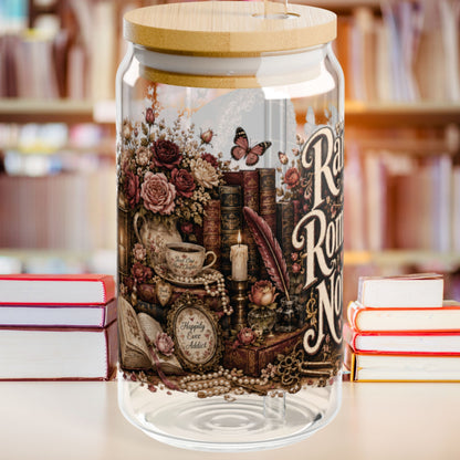 Raised by Romance Novels Personalized Glass Cup, Book Lover Iced Coffee Cup, BookTok Romance Reader Gift , 16 oz Libbey Glass Can