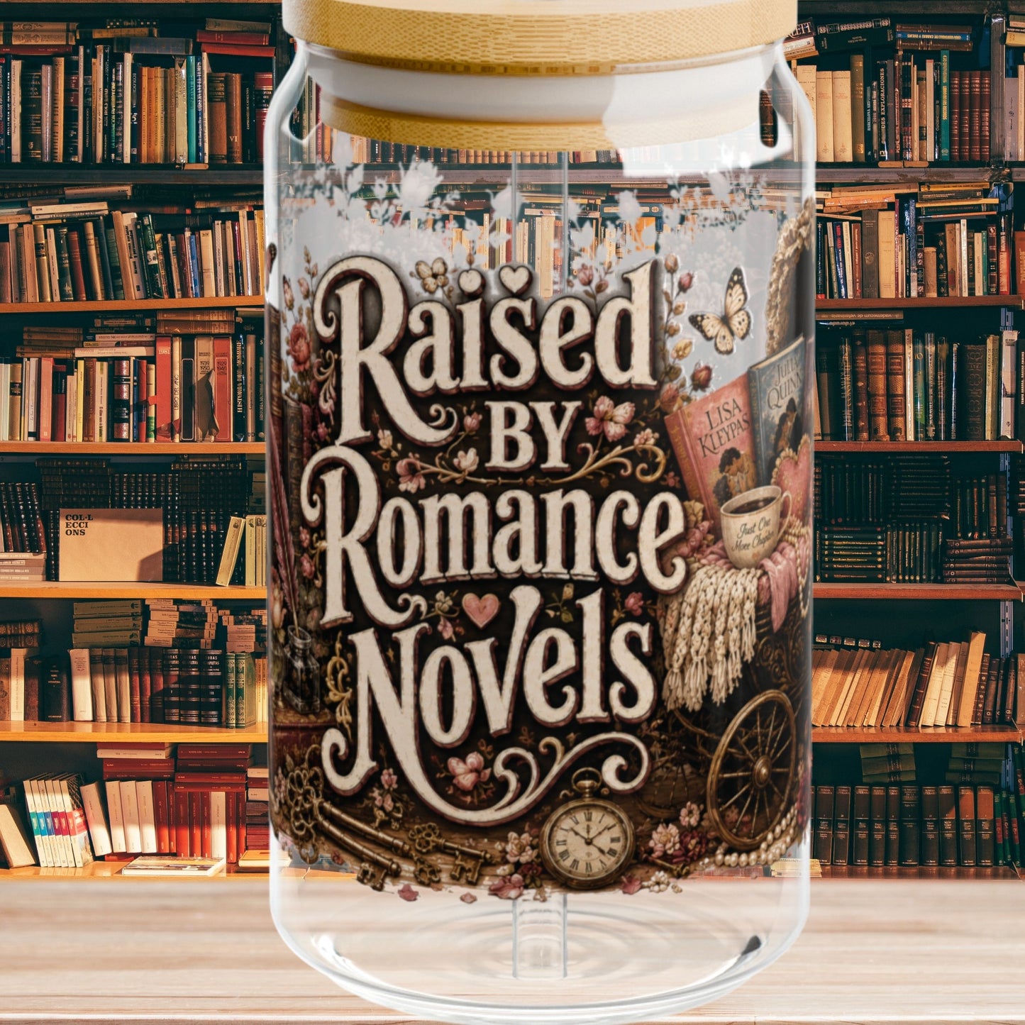 Raised by Romance Novels Personalized Glass Cup, Book Lover Iced Coffee Cup, BookTok Romance Reader Gift , 16 oz Libbey Glass Can