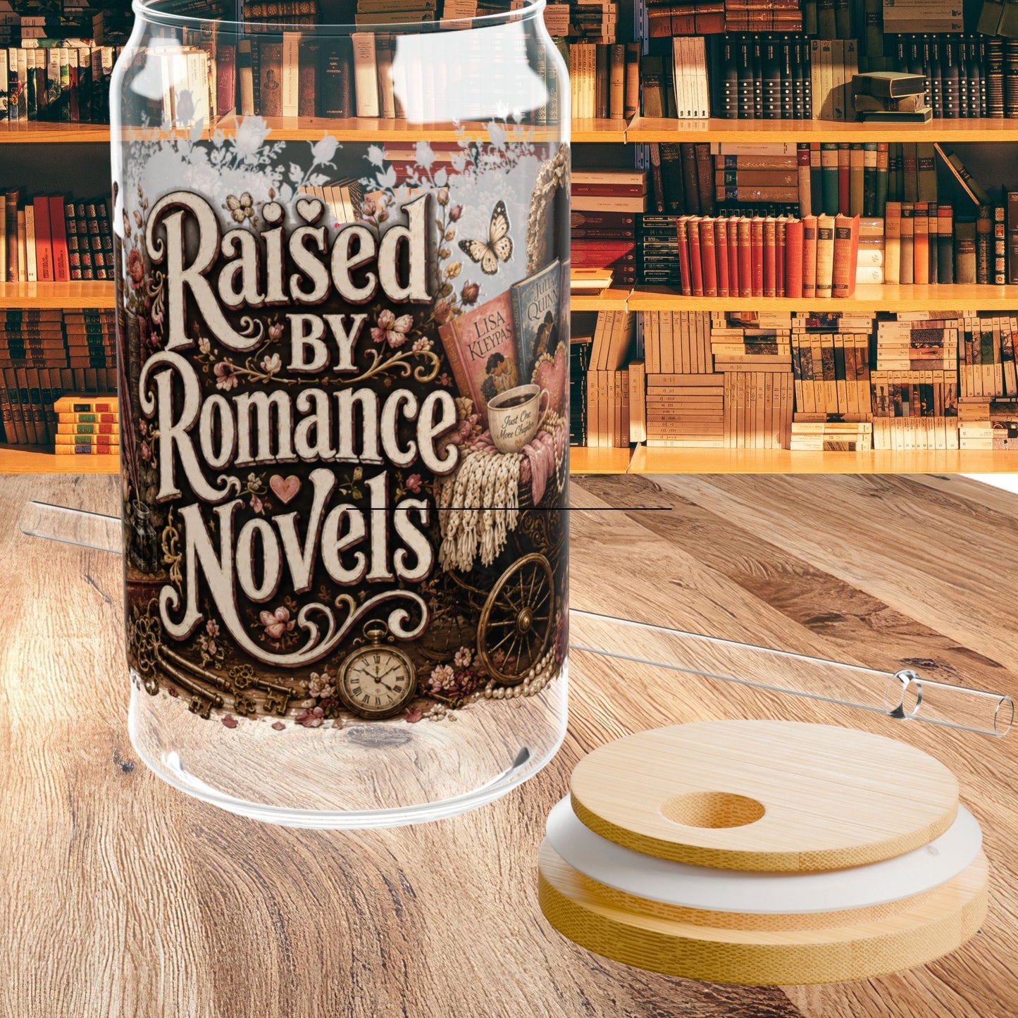 Raised by Romance Novels Personalized Glass Cup, Book Lover Iced Coffee Cup, BookTok Romance Reader Gift , 16 oz Libbey Glass Can