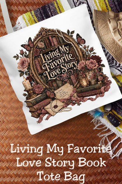 Carry your favorite love story wherever you go. 📚🌹 The Living My Favorite Love Story tote bag is perfect for romance readers who never leave home without a book. Featuring vintage books, blooming roses, butterflies, handwritten love letters, pearls, and elegant literary details, this beautiful tote is ideal for bookstore trips, library visits, book club meetings, and cozy coffee shop reading dates. A thoughtful gift for BookTok fans and every book lover.

#LivingMyFavoriteLoveStory #BookLoverTote #Romance