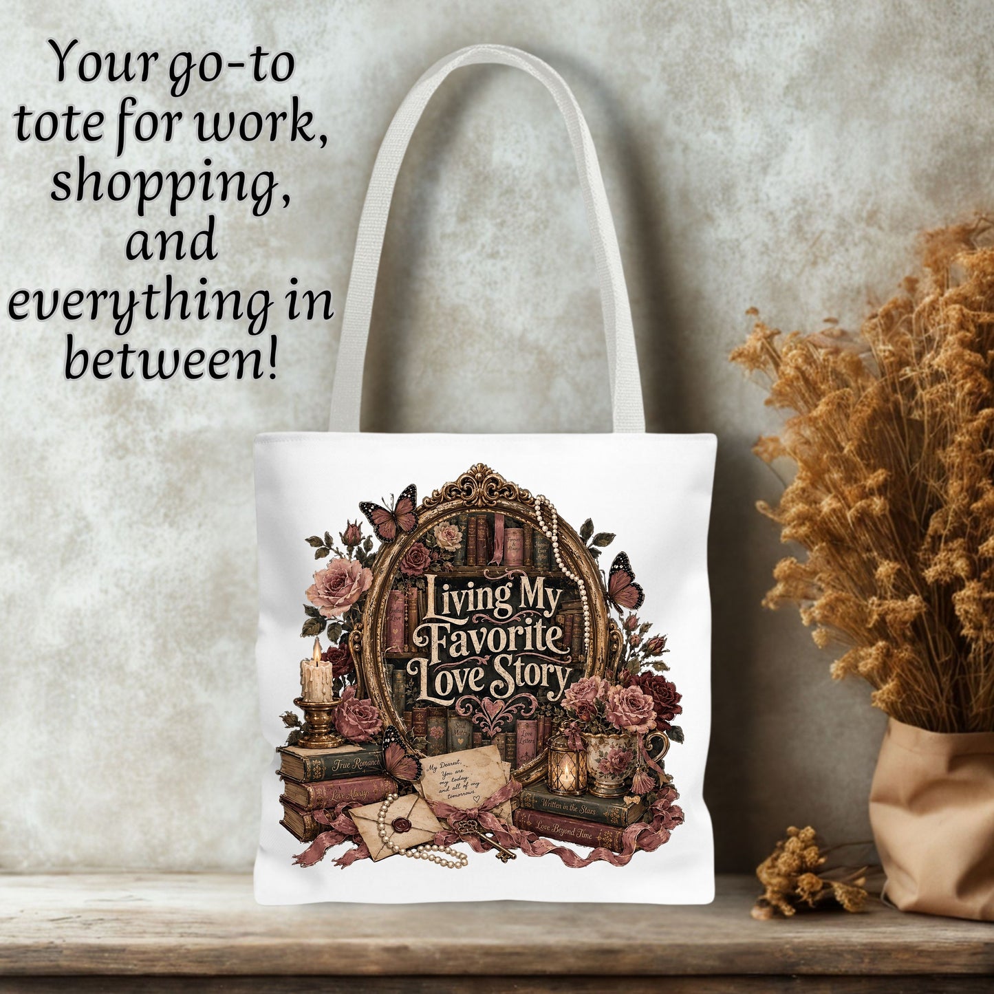 Living My Favorite Love Story Tote Bag, Book Lover Tote, Romance Reader Bag, BookTok Book Bag, Literary Gift for Readers