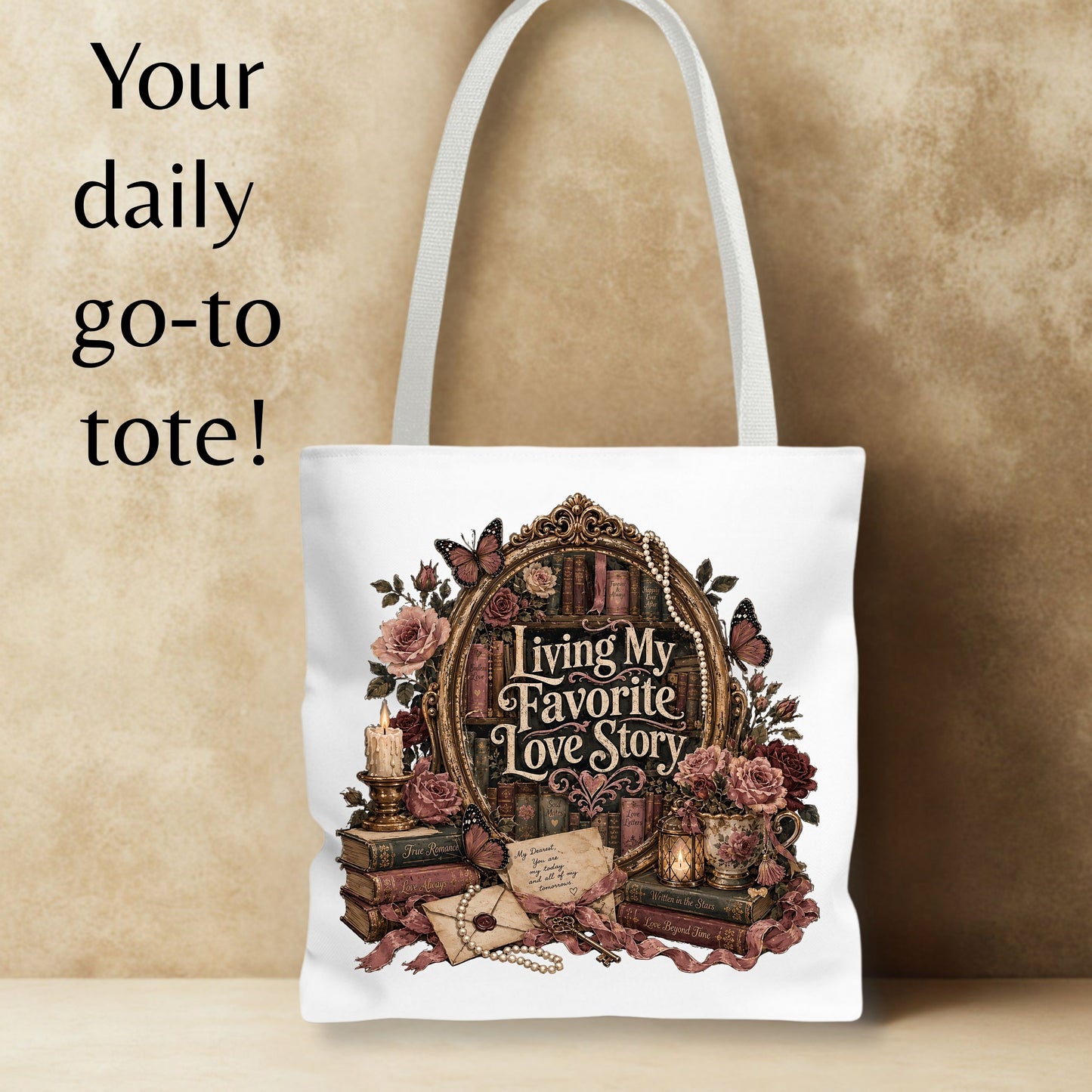 Living My Favorite Love Story Tote Bag, Book Lover Tote, Romance Reader Bag, BookTok Book Bag, Literary Gift for Readers