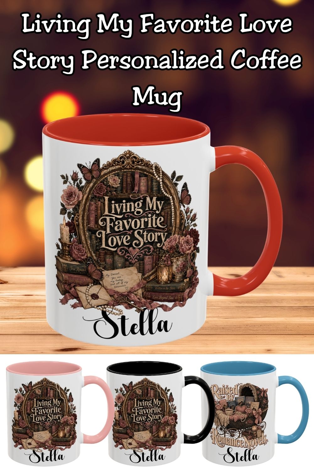 Every great romance starts with a cozy drink and a good book. ☕📖 The Living My Favorite Love Story personalized mug is made for readers who cherish happily ever afters. Featuring elegant vintage books, roses, butterflies, pearls, handwritten letters, and timeless literary charm, this custom mug is perfect for coffee, tea, and late-night reading sessions. A beautiful gift for romance readers, BookTok lovers, and bookworms alike.

#LivingMyFavoriteLoveStory #PersonalizedMug #BookLoverGift #RomanceReader #Boo