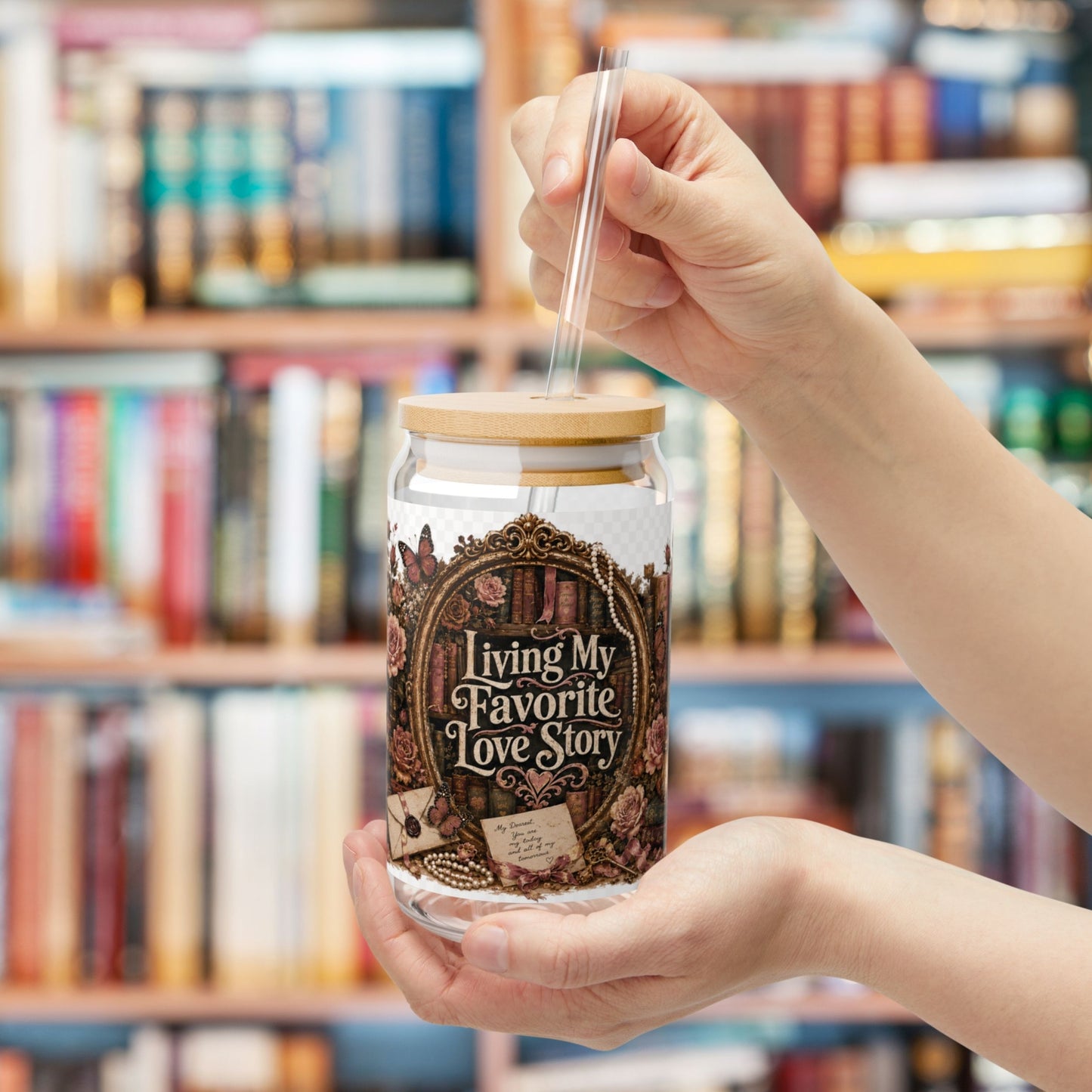 Turn every iced coffee into a cozy reading ritual. 🧋📚 The Living My Favorite Love Story personalized glass cup features a stunning wraparound design with antique books, romantic florals, butterflies, pearls, lanterns, and handwritten love letters. Perfect for BookTok readers, romance lovers, and anyone who believes every chapter deserves a beautiful drink to go with it.

#LivingMyFavoriteLoveStory #GlassCup #BookLoverGift #BookTokMadeMeBuyIt #IcedCoffeeLover #RomanceReader #BookishCup #LiteraryStyle #Read