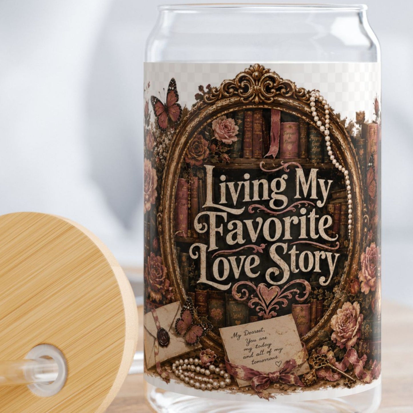 Living My Favorite Love Story Glass Cup, Book Lover Iced Coffee Cup, Romance Reader Gift, BookTok 16 oz Glass Can
