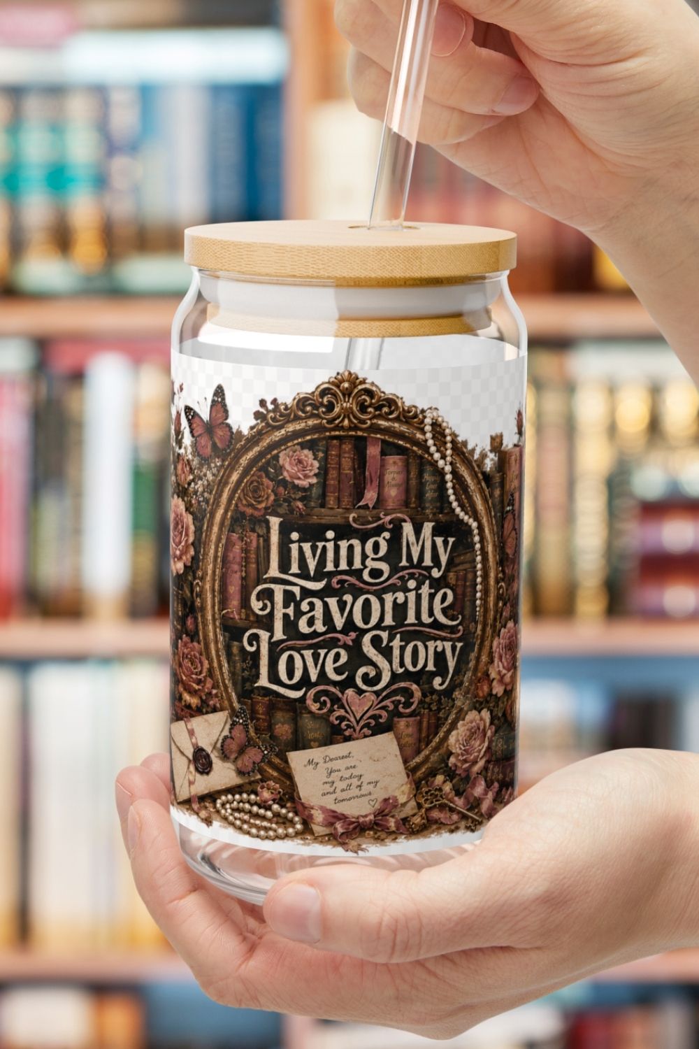 Living My Favorite Love Story Glass Cup, Book Lover Iced Coffee Cup, Romance Reader Gift, BookTok 16 oz Glass Can