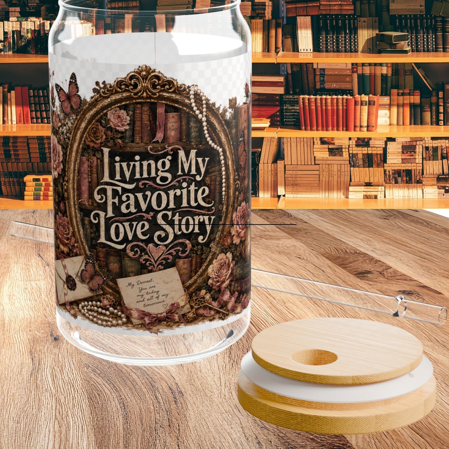 Living My Favorite Love Story Glass Cup, Book Lover Iced Coffee Cup, Romance Reader Gift, BookTok 16 oz Glass Can
