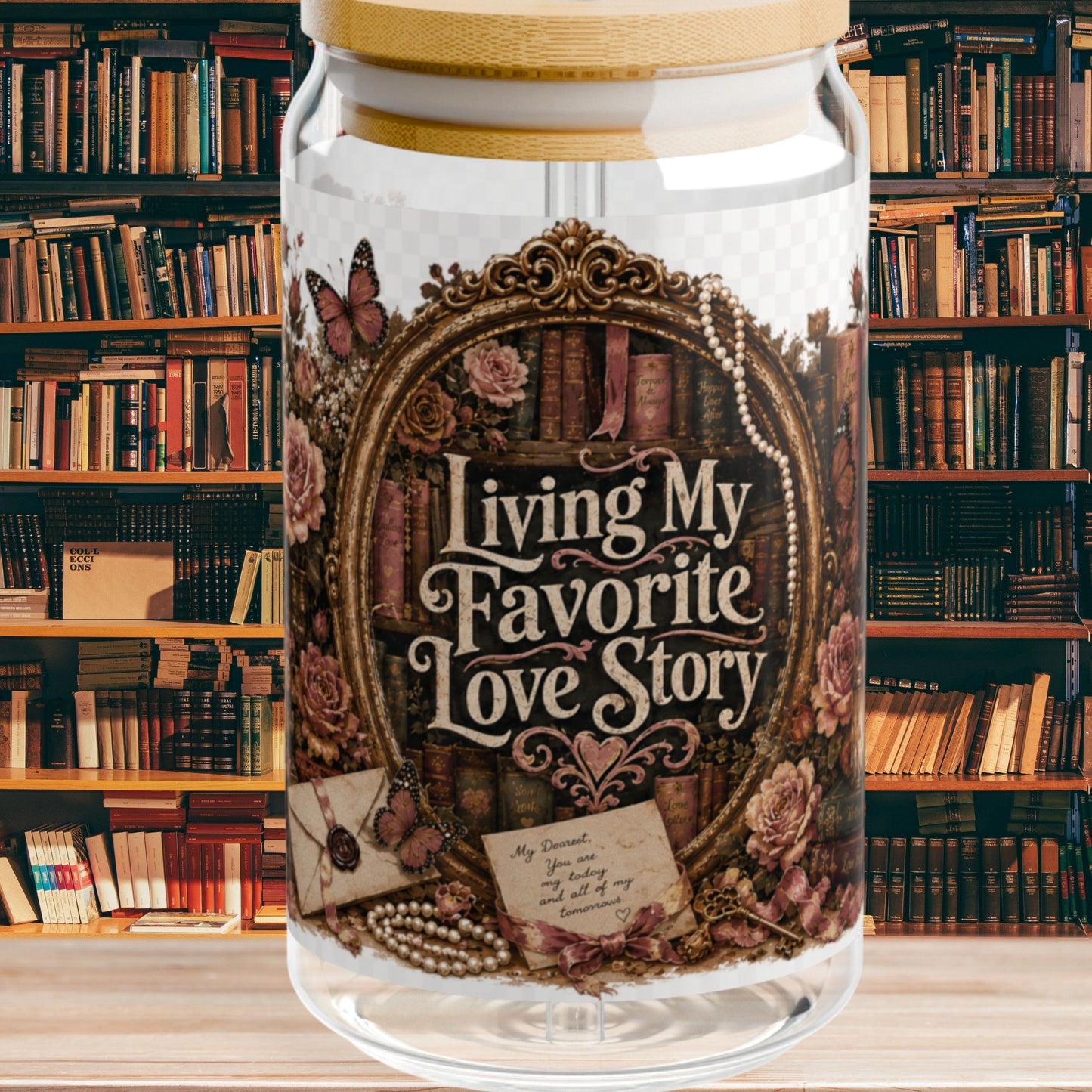 Living My Favorite Love Story Glass Cup, Book Lover Iced Coffee Cup, Romance Reader Gift, BookTok 16 oz Glass Can