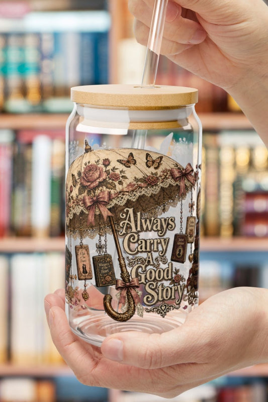 Always Carry a Good Story Glass Cup, Book Lover Iced Coffee Glass, Romance Reader Cup, BookTok Glass Can, Literary Drinkware
