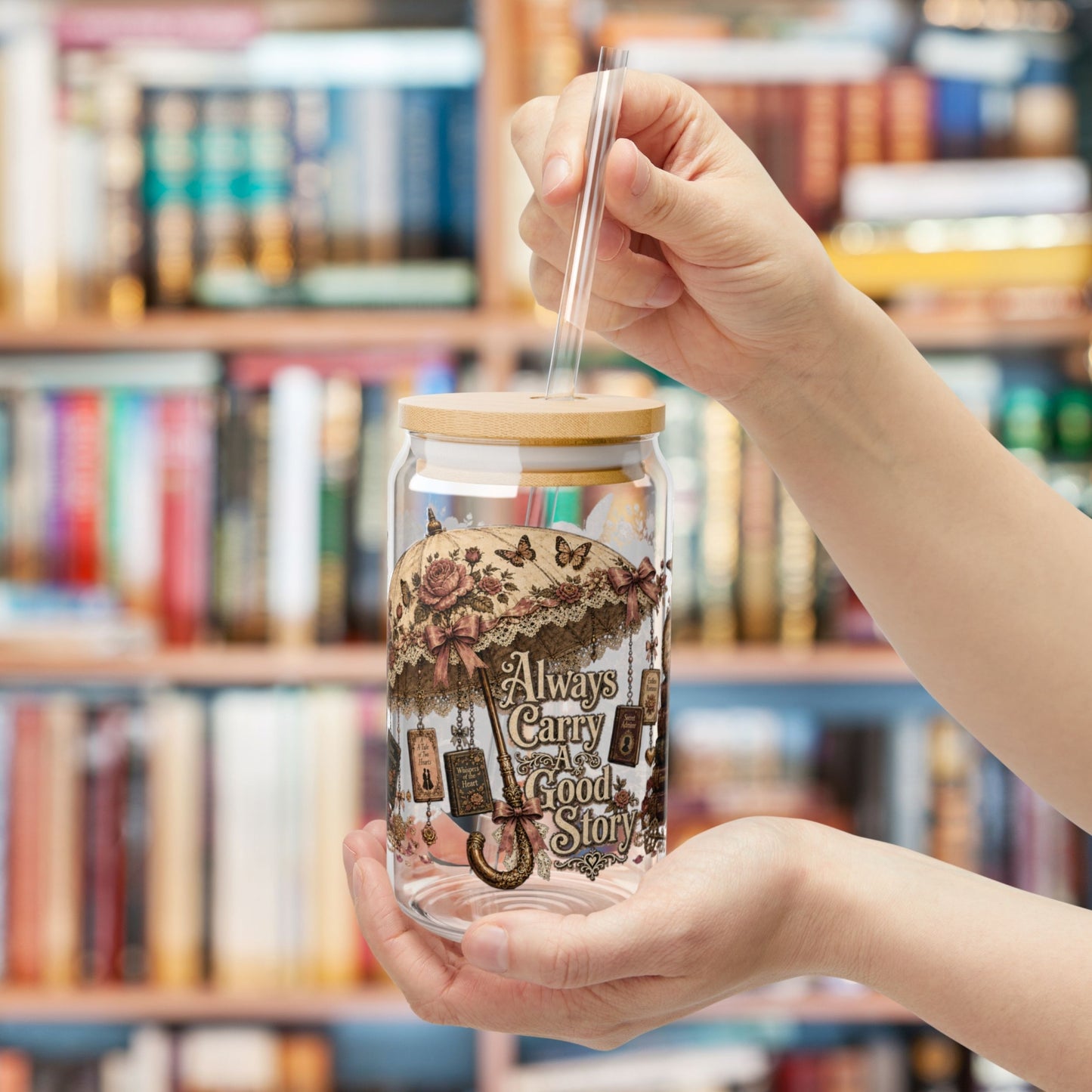 Always Carry a Good Story Glass Cup, Book Lover Iced Coffee Glass, Romance Reader Cup, BookTok Glass Can, Literary Drinkware