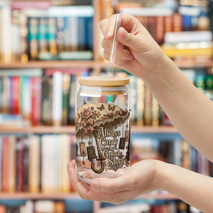 Always Carry a Good Story Glass Cup, Book Lover Iced Coffee Glass, Romance Reader Cup, BookTok Glass Can, Literary Drinkware
